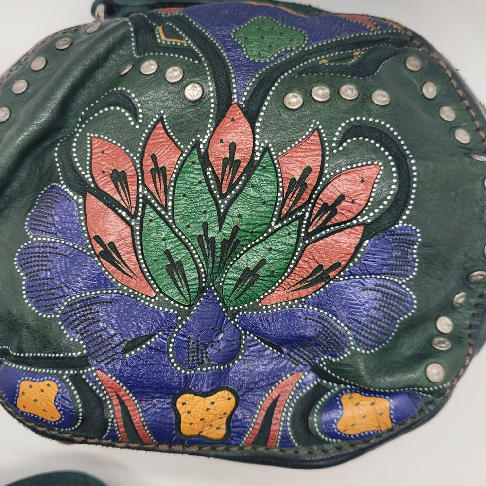 Campomaggi Green Leather Floral Studded Round Crossbody Bag Made In Italy - Picture 8 of 16
